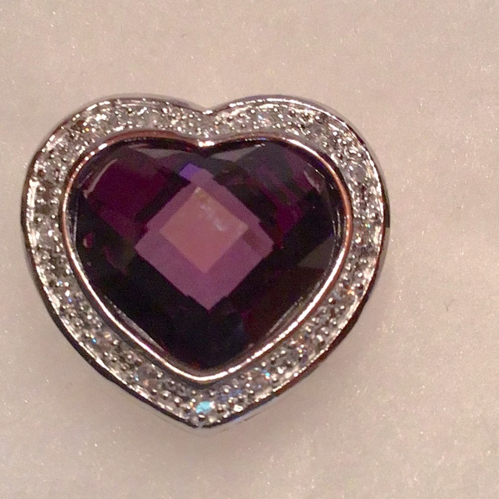 New Purple Heart CZ Pendant. Silvertone 1”L x 3/4”W. Faceted CZ & clear CZ